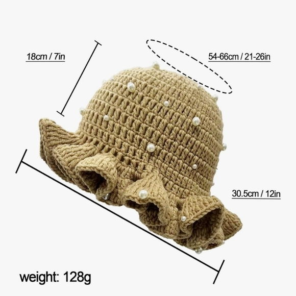 Elegant Tan Crochet Bucket Hat with Pearls